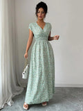 Summer 2026 Women's Emerald Green Floral Print Maxi Dress Deep V Neck Shirred Waist Long Elegant Dress for Dating Party Evening