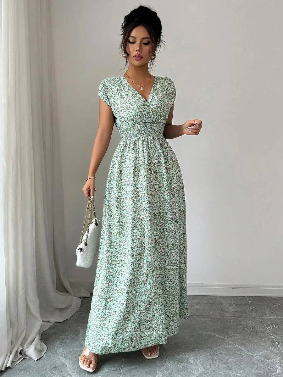 Summer 2026 Women's Emerald Green Floral Print Maxi Dress Deep V Neck Shirred Waist Long Elegant Dress for Dating Party Evening