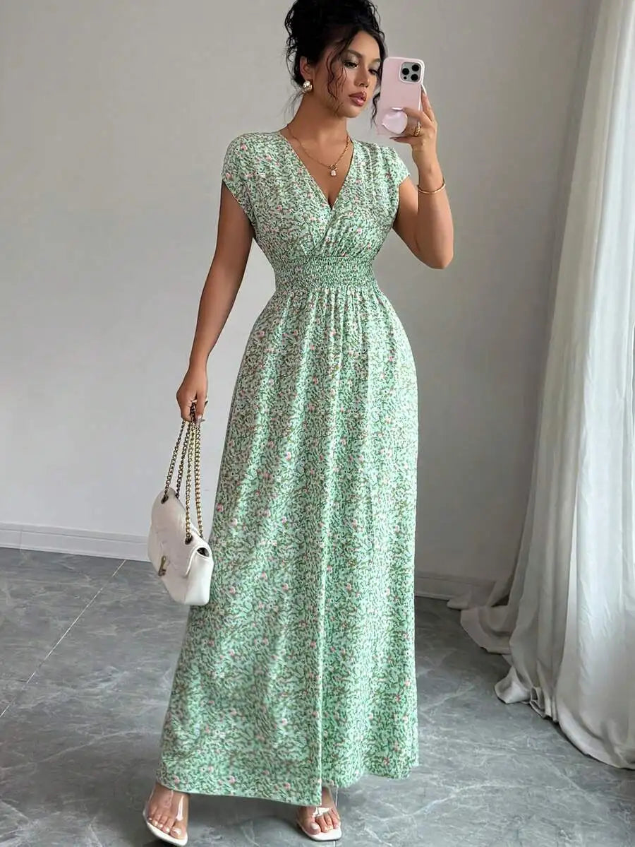 Summer 2026 Women's Emerald Green Floral Print Maxi Dress Deep V Neck Shirred Waist Long Elegant Dress for Dating Party Evening