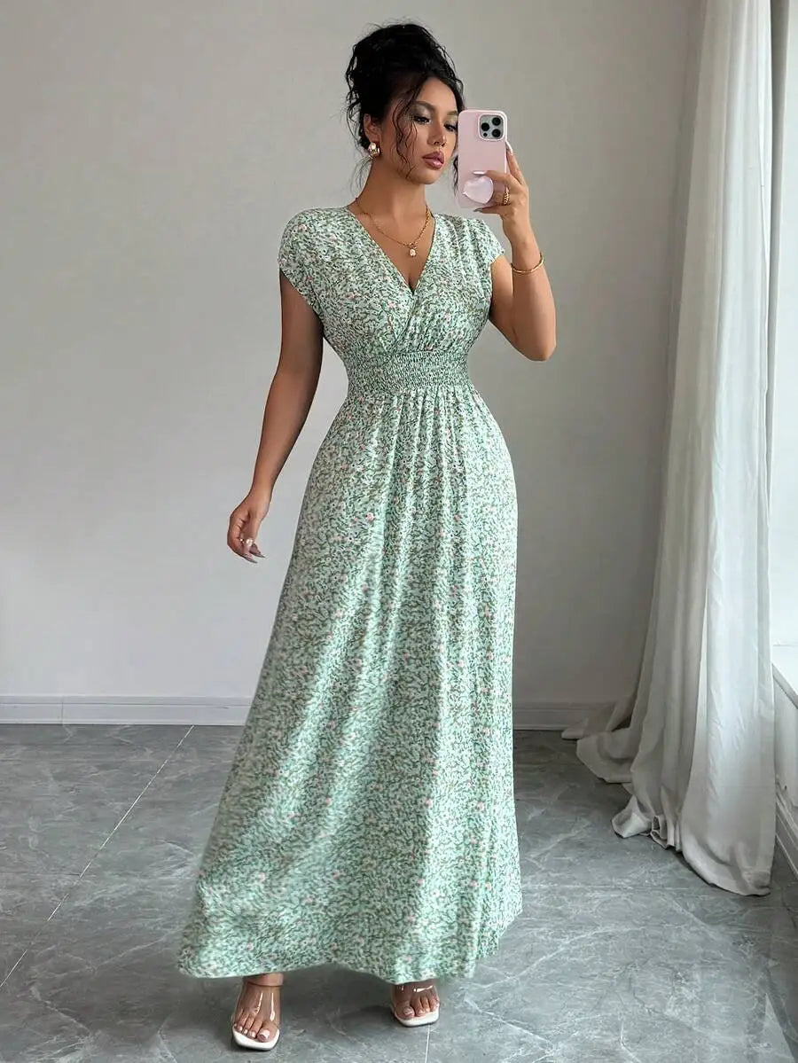 2026 Summer Women Emerald Green Big Floral Print Maxi Dress, Elegant Deep V Neck Shirred Waist Long Dress Dating, Party, Evening