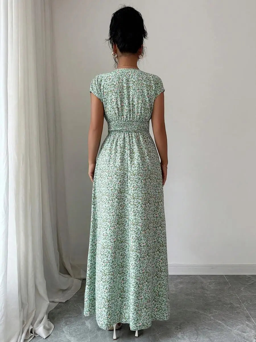 2026 Summer Women Emerald Green Big Floral Print Maxi Dress, Elegant Deep V Neck Shirred Waist Long Dress Dating, Party, Evening
