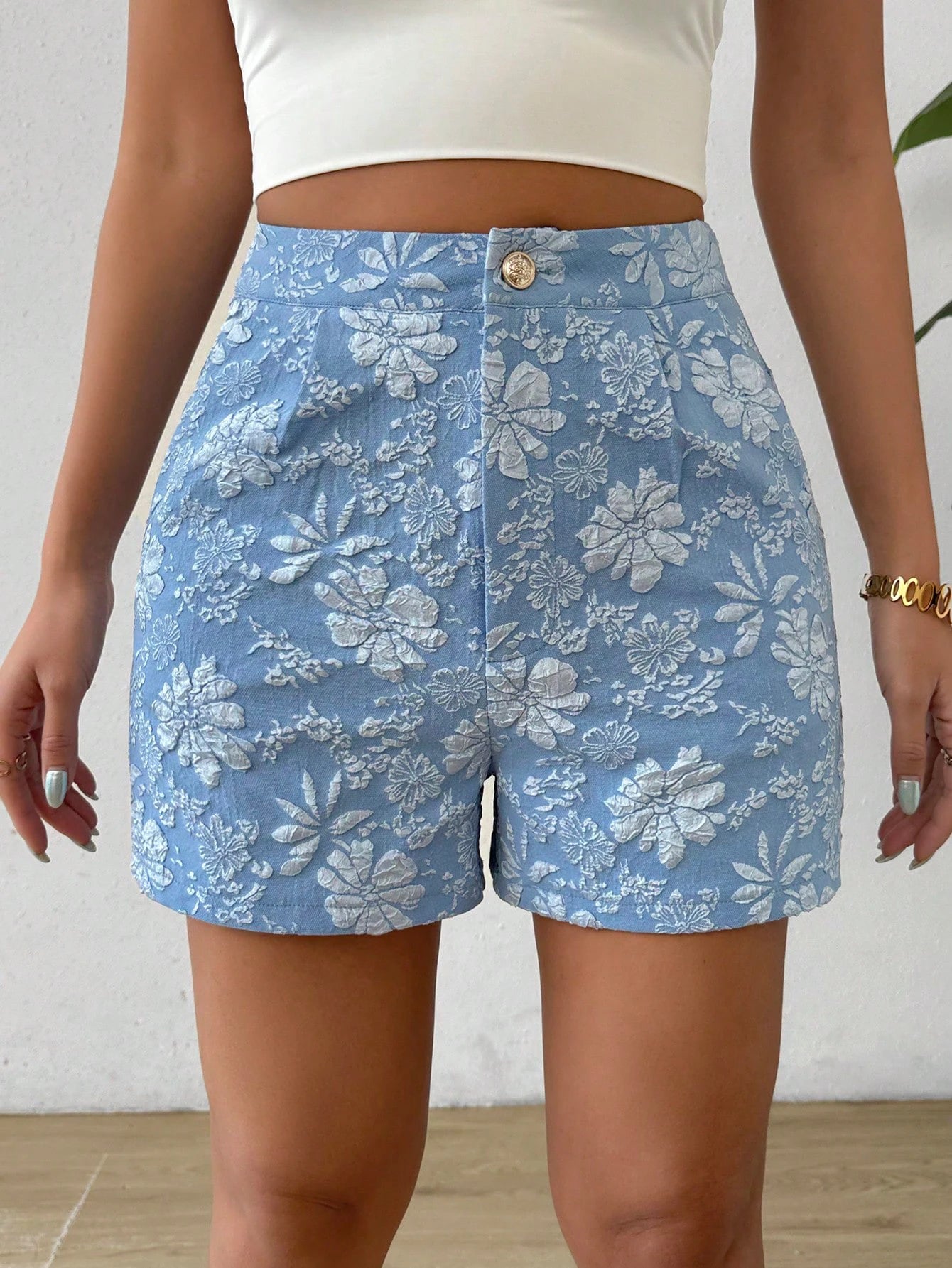 Women's Summer Floral Jacquard Shorts Embroidery Straight Leg Shorts with Pocket