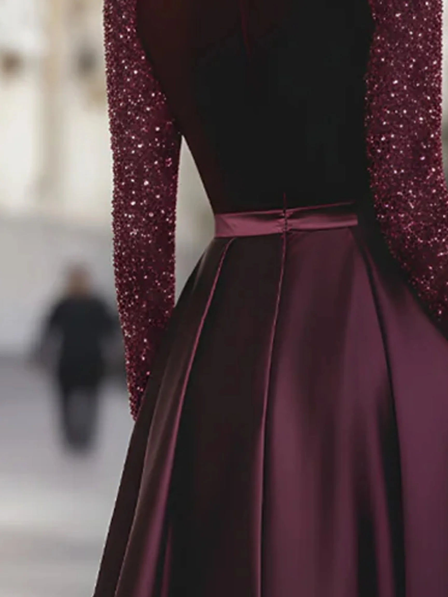 Women's Velvet Sequin Sleeve Gown With Satin Skirt, Elegant Formal Evening Party Maxi Dress Prom Wedding Guest Dress