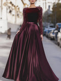 Women's Velvet Sequin Sleeve Gown With Satin Skirt, Elegant Formal Evening Party Maxi Dress Prom Wedding Guest Dress