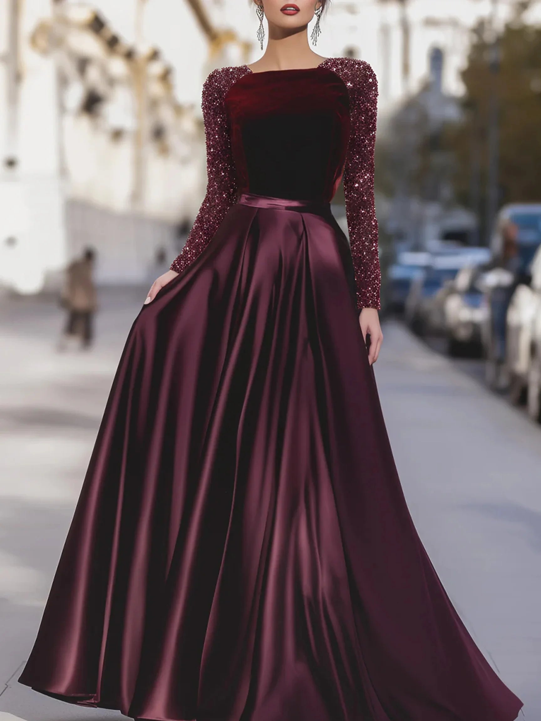 Women's Velvet Sequin Sleeve Gown With Satin Skirt, Elegant Formal Evening Party Maxi Dress Prom Wedding Guest Dress