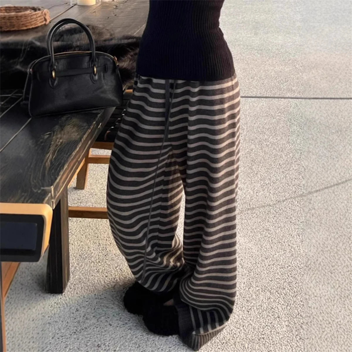 Vintage Grunge Loose Knitted Casual Pants Harajuku Contrast Color Stripe Wide Leg Trousers Y2k Aesthetic Women Straight Pants