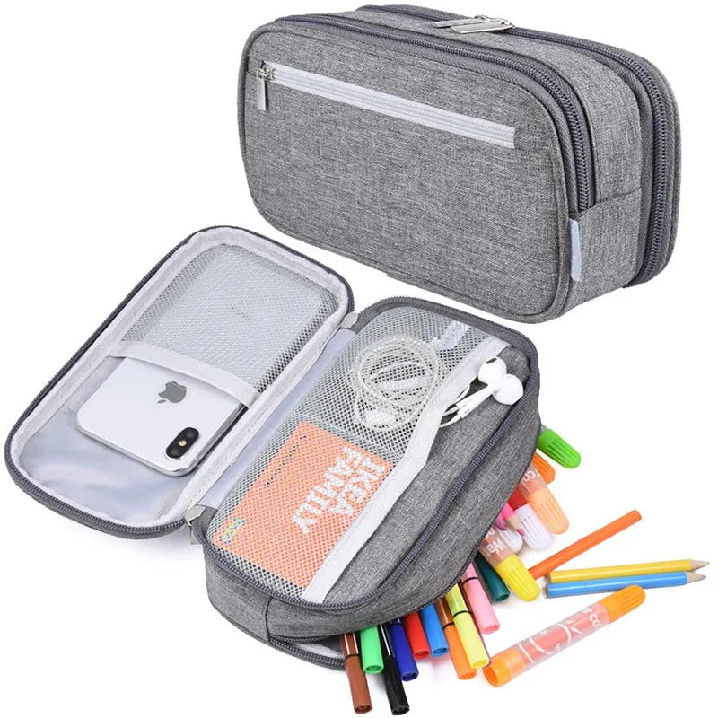 Big Capacity 3 Rooms Pencil Case Storage Bag Pen Pocket Zipper Canvas Storage Bag Learning Office Stationery Pencil Box