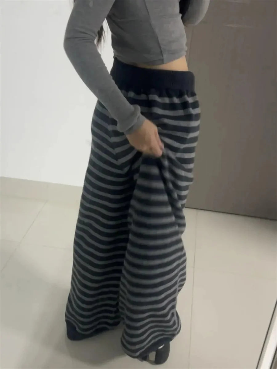 Vintage Grunge Loose Knitted Casual Pants Harajuku Contrast Color Stripe Wide Leg Trousers Y2k Aesthetic Women Straight Pants