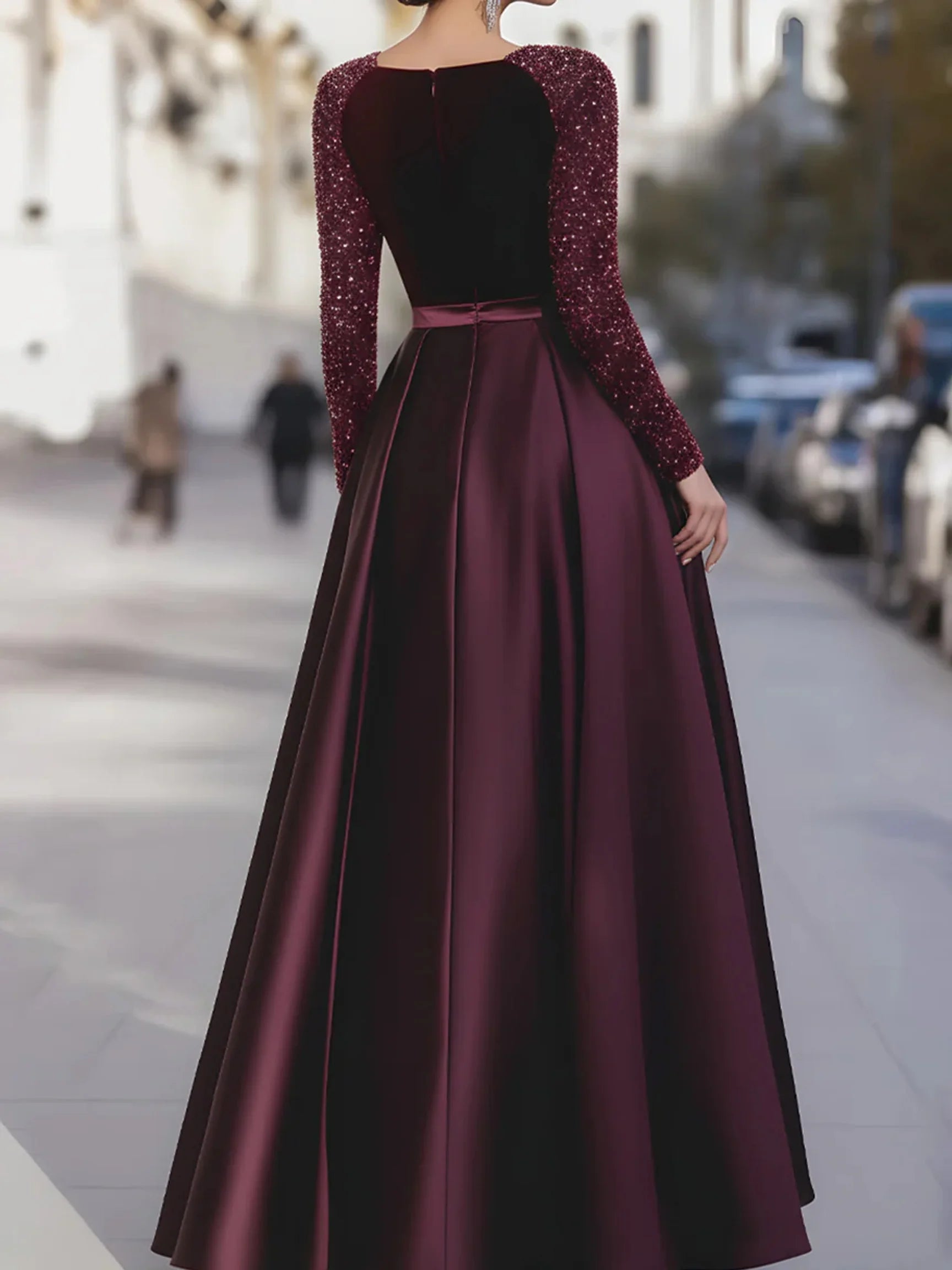 Women's Velvet Sequin Sleeve Gown With Satin Skirt, Elegant Formal Evening Party Maxi Dress Prom Wedding Guest Dress