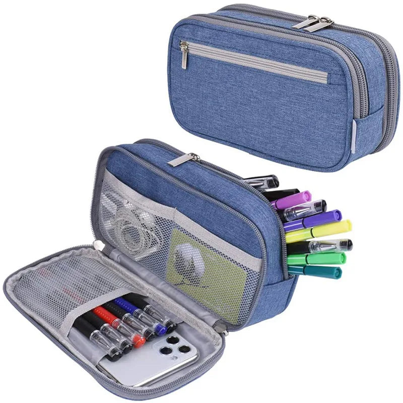 Big Capacity 3 Rooms Pencil Case Storage Bag Pen Pocket Zipper Canvas Storage Bag Learning Office Stationery Pencil Box