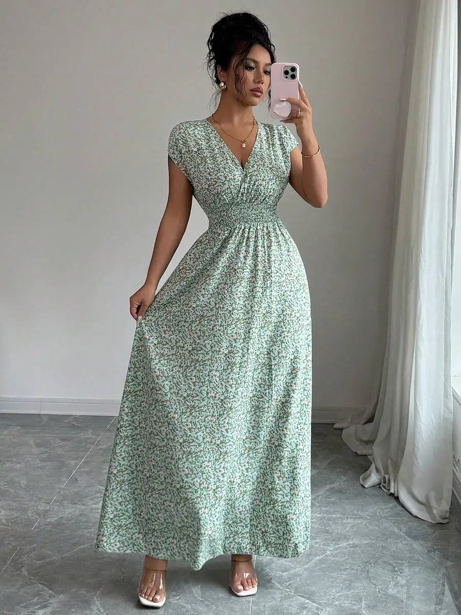 2026 Summer Women Emerald Green Big Floral Print Maxi Dress, Elegant Deep V Neck Shirred Waist Long Dress Dating, Party, Evening