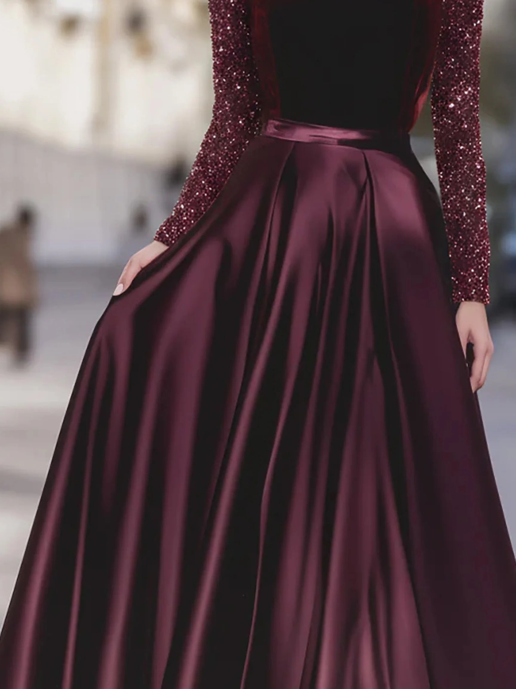 Women's Velvet Sequin Sleeve Gown With Satin Skirt, Elegant Formal Evening Party Maxi Dress Prom Wedding Guest Dress