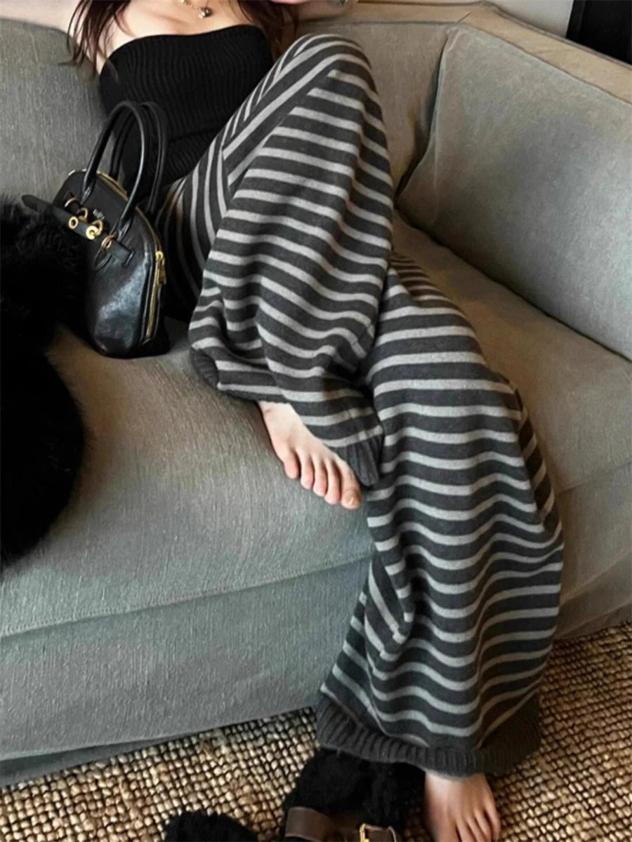 Vintage Grunge Loose Knitted Casual Pants Harajuku Contrast Color Stripe Wide Leg Trousers Y2k Aesthetic Women Straight Pants