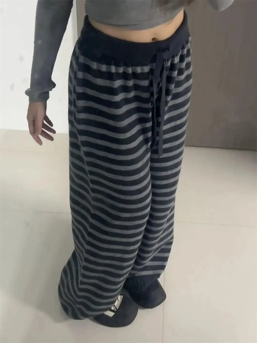Vintage Grunge Loose Knitted Casual Pants Harajuku Contrast Color Stripe Wide Leg Trousers Y2k Aesthetic Women Straight Pants