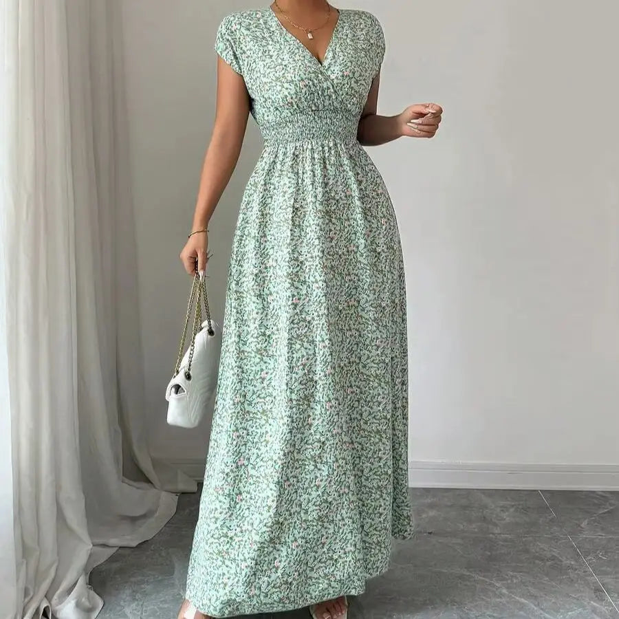 2026 Summer Women Emerald Green Big Floral Print Maxi Dress, Elegant Deep V Neck Shirred Waist Long Dress Dating, Party, Evening