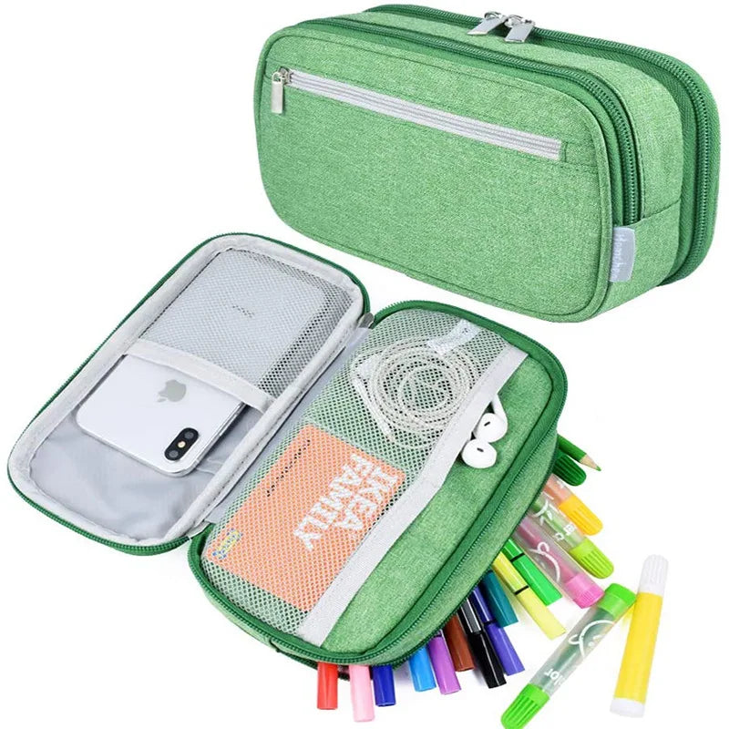 Big Capacity 3 Rooms Pencil Case Storage Bag Pen Pocket Zipper Canvas Storage Bag Learning Office Stationery Pencil Box