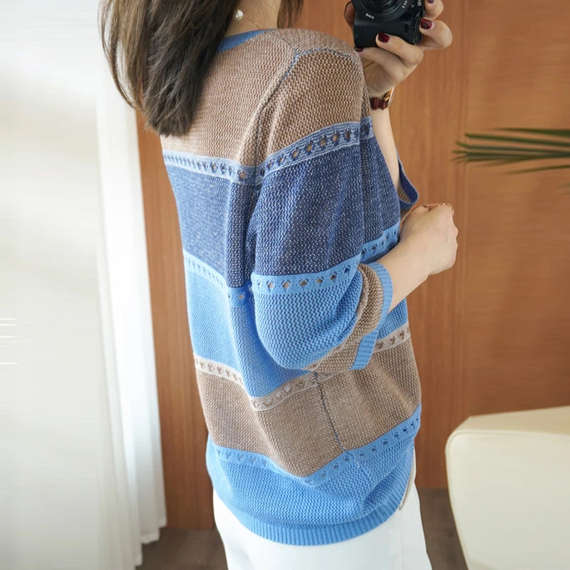 Summer Women knitted Short sleeve 2026 Thin Sweater Female Hollow Out Turtleneck Pullover Ladies knit Cotton Loose Jumpers