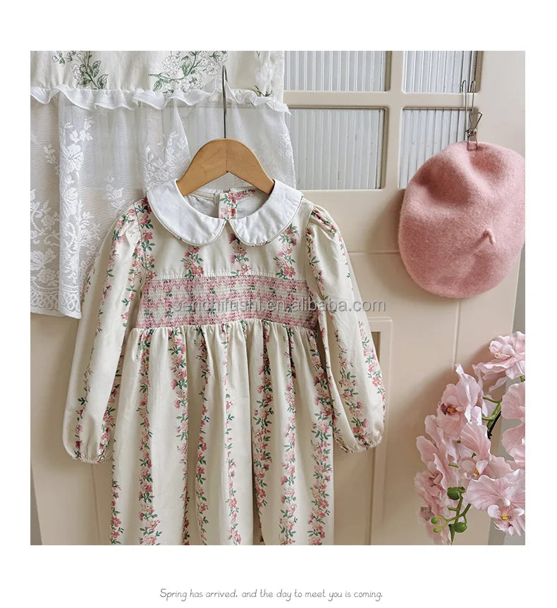 D338 Children's Clothing French Printing to Win Girl Dress Autumn Doll Collar Sweet Long Sleeve Princess Skirt 100% Cotton