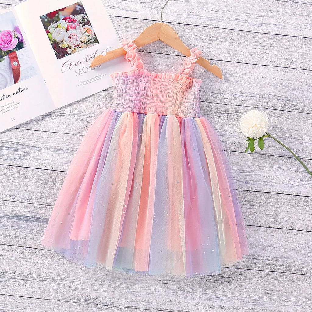 Citgeett Summer Kids Girls Suspender Dress Rainbow Mesh Slip Princess Travel Vacation Clothes