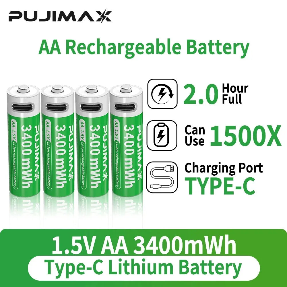 PUJIMAX 2Pcs High Capacity 3400mWh Rechargeable Type C Usb Battery 1.5V AA Cylindrical Lithium Ion Batteries for Toys