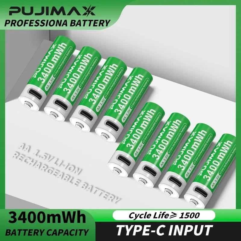 PUJIMAX 2Pcs High Capacity 3400mWh Rechargeable Type C Usb Battery 1.5V AA Cylindrical Lithium Ion Batteries for Toys
