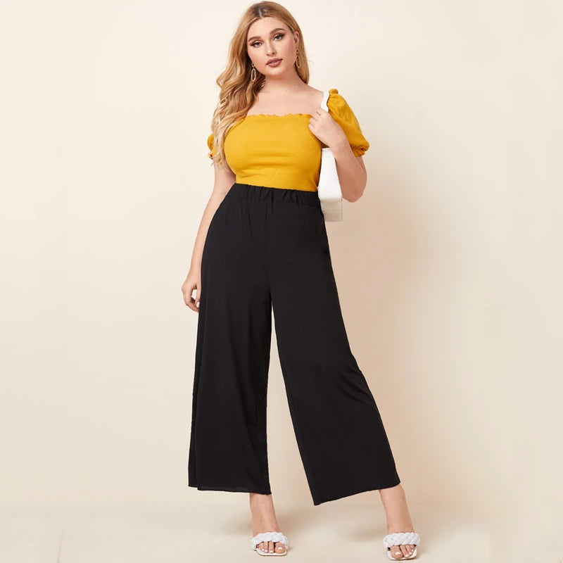 Plus Size Elastic Waist Summer Elegant Wide Leg Pants Solid Black Lettuce Trim Loose Casual Straight Pants Trousers Bottoms 6XL
