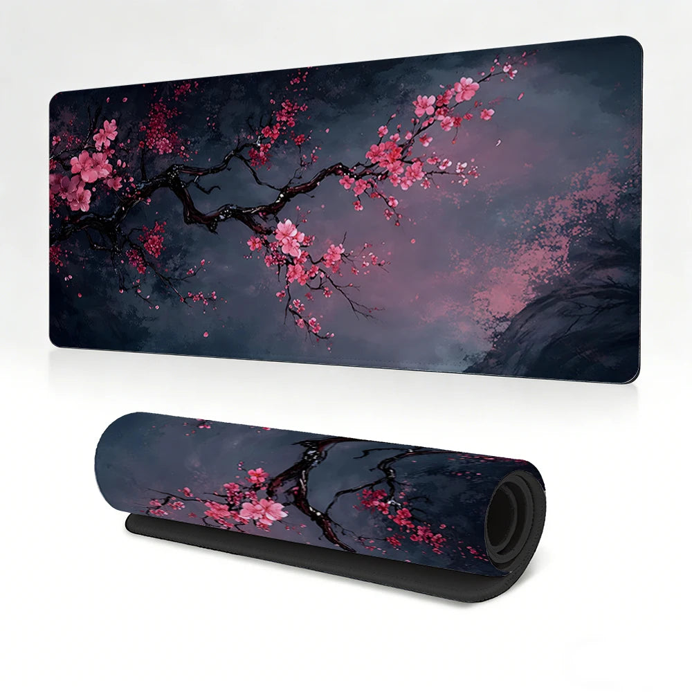 Dark Purple Cherry Blossom Desk Mat, Minimalist Japanese Aesthetic Large Extended Mouse Pad Smooth Surface Ordinateur Portable