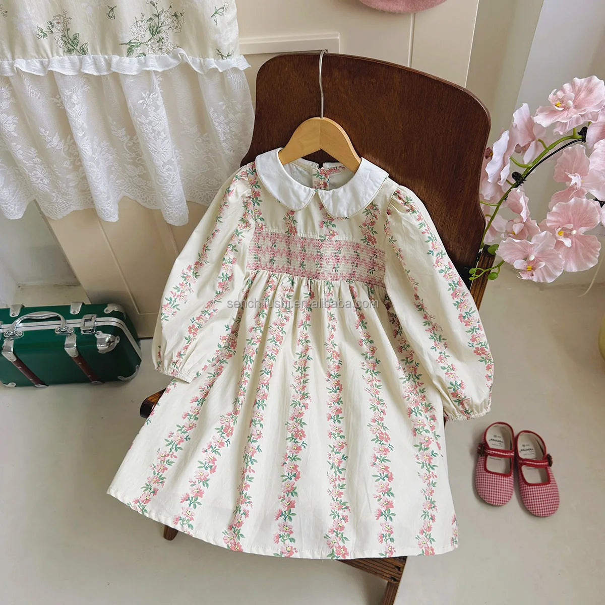 D338 Children's Clothing French Printing to Win Girl Dress Autumn Doll Collar Sweet Long Sleeve Princess Skirt 100% Cotton