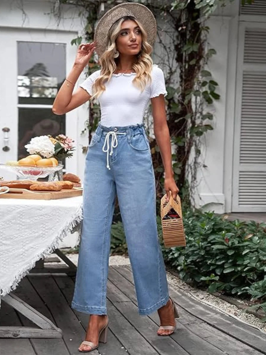 Elastic Ruffled Paperbag Waist Drawstring Loose Wide Leg Light Wash Women's Jeans New Summer Women's Clothing Apparel Clothes
