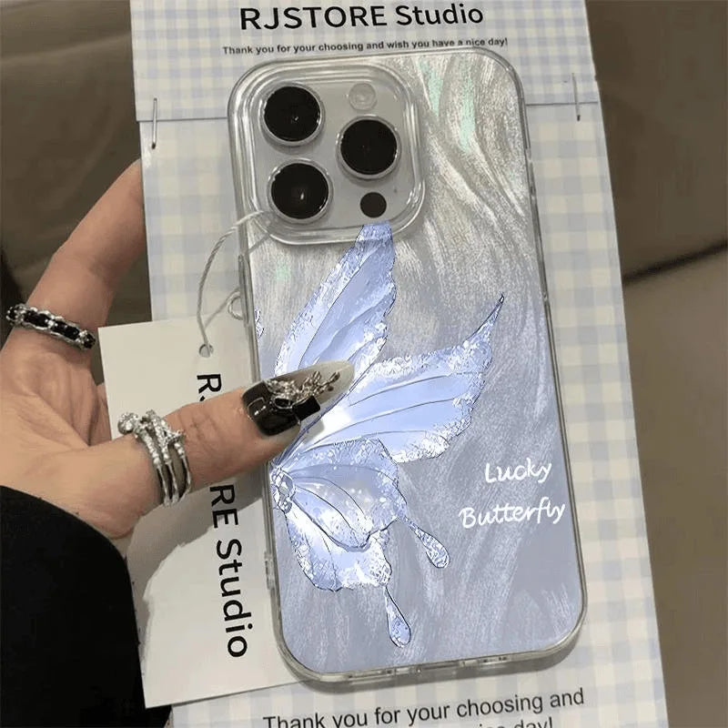 Gradient Silver Wings Butterfly TPU Compatible for 16 Phone Case for 17 Pro Max Feather Yarn Transparent Shockproof