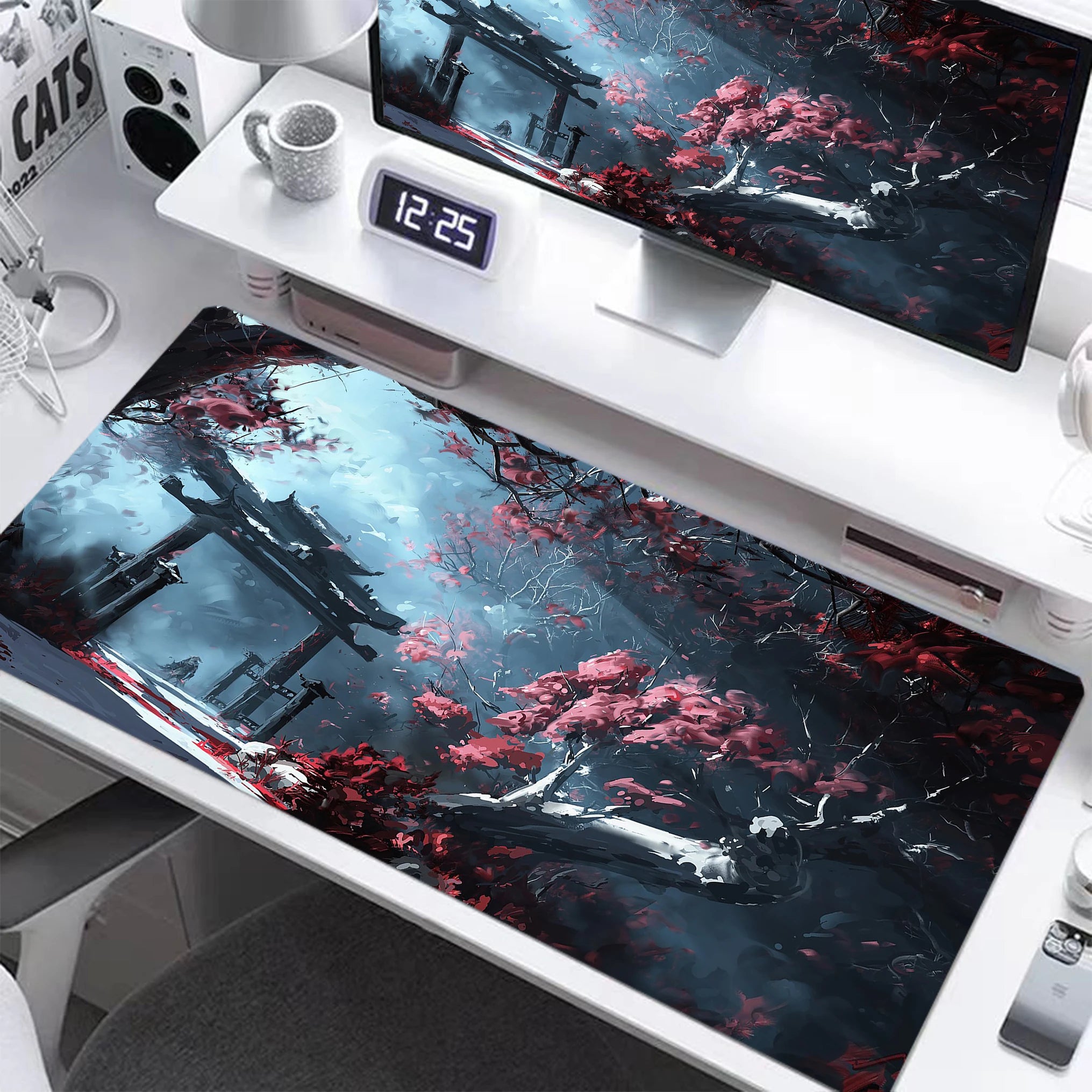 Dark Purple Cherry Blossom Desk Mat, Minimalist Japanese Aesthetic Large Extended Mouse Pad Smooth Surface Ordinateur Portable