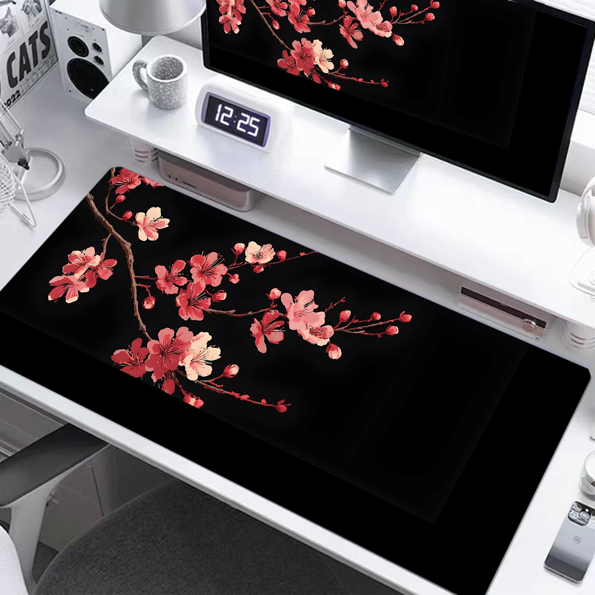 Dark Purple Cherry Blossom Desk Mat, Minimalist Japanese Aesthetic Large Extended Mouse Pad Smooth Surface Ordinateur Portable