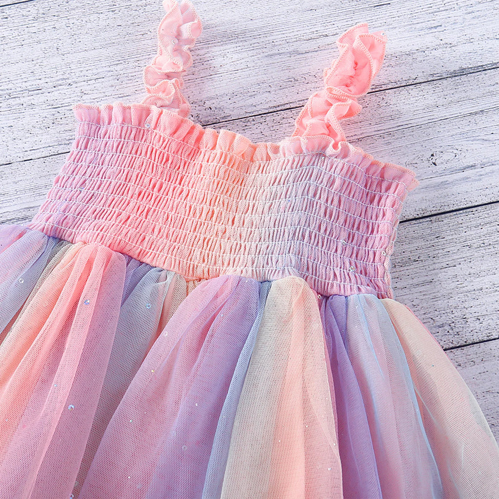 Citgeett Summer Kids Girls Suspender Dress Rainbow Mesh Slip Princess Travel Vacation Clothes