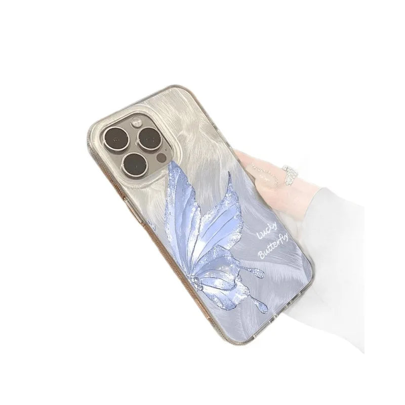 Gradient Silver Wings Butterfly TPU Compatible for 16 Phone Case for 17 Pro Max Feather Yarn Transparent Shockproof