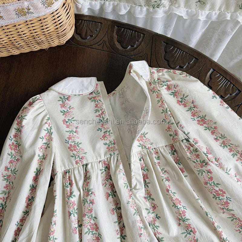 D338 Children's Clothing French Printing to Win Girl Dress Autumn Doll Collar Sweet Long Sleeve Princess Skirt 100% Cotton