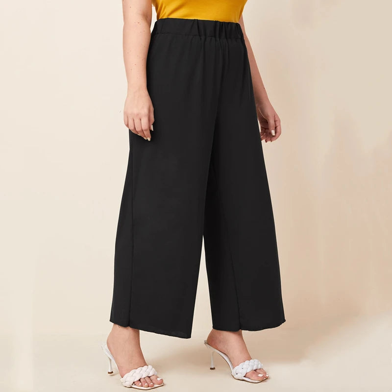 Plus Size Elastic Waist Summer Elegant Wide Leg Pants Solid Black Lettuce Trim Loose Casual Straight Pants Trousers Bottoms 6XL