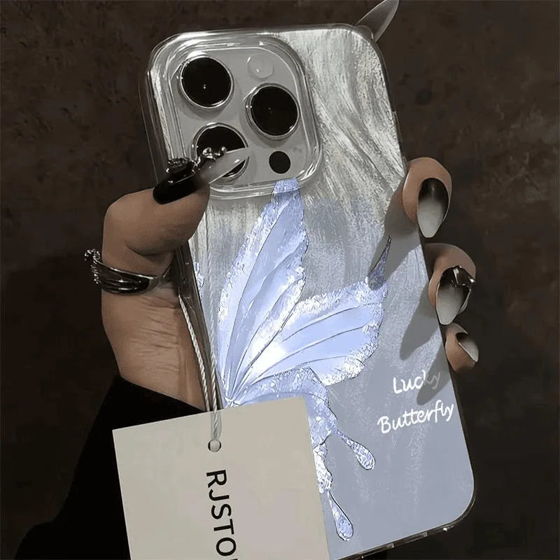 Gradient Silver Wings Butterfly TPU Compatible for 16 Phone Case for 17 Pro Max Feather Yarn Transparent Shockproof