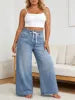 2026 Plus Size Drawstring Ruffle Elastic Waist Wide Leg Jeans Women Light Wash Loose Stretch Denim Pants