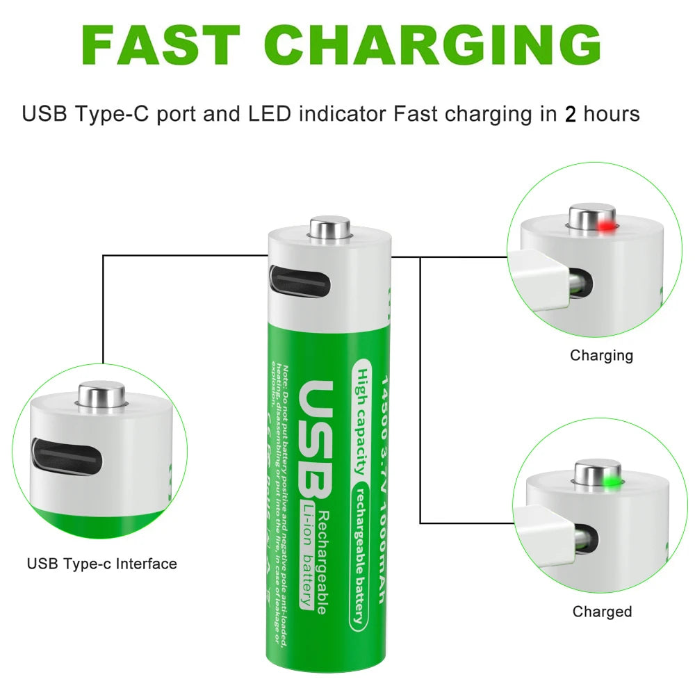 PUJIMAX Hot Selling 14500 3.7v USB Li-ion Battery 3700mwh Rechargeable Lithium Ion Cell Battery for Flashlights, Headlamps