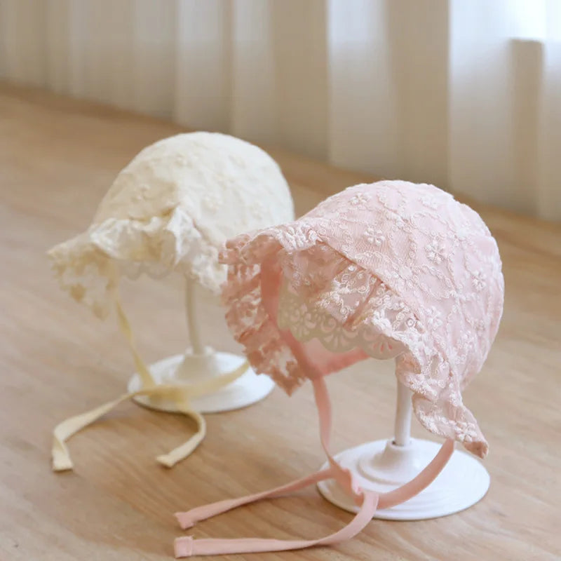 Lace Ruffle Baby Girl Bonnet Hat Spring Summer Breathable Mesh Kids Hat Sweet Princess Adjustable Beanies Hat for Newborn Infant