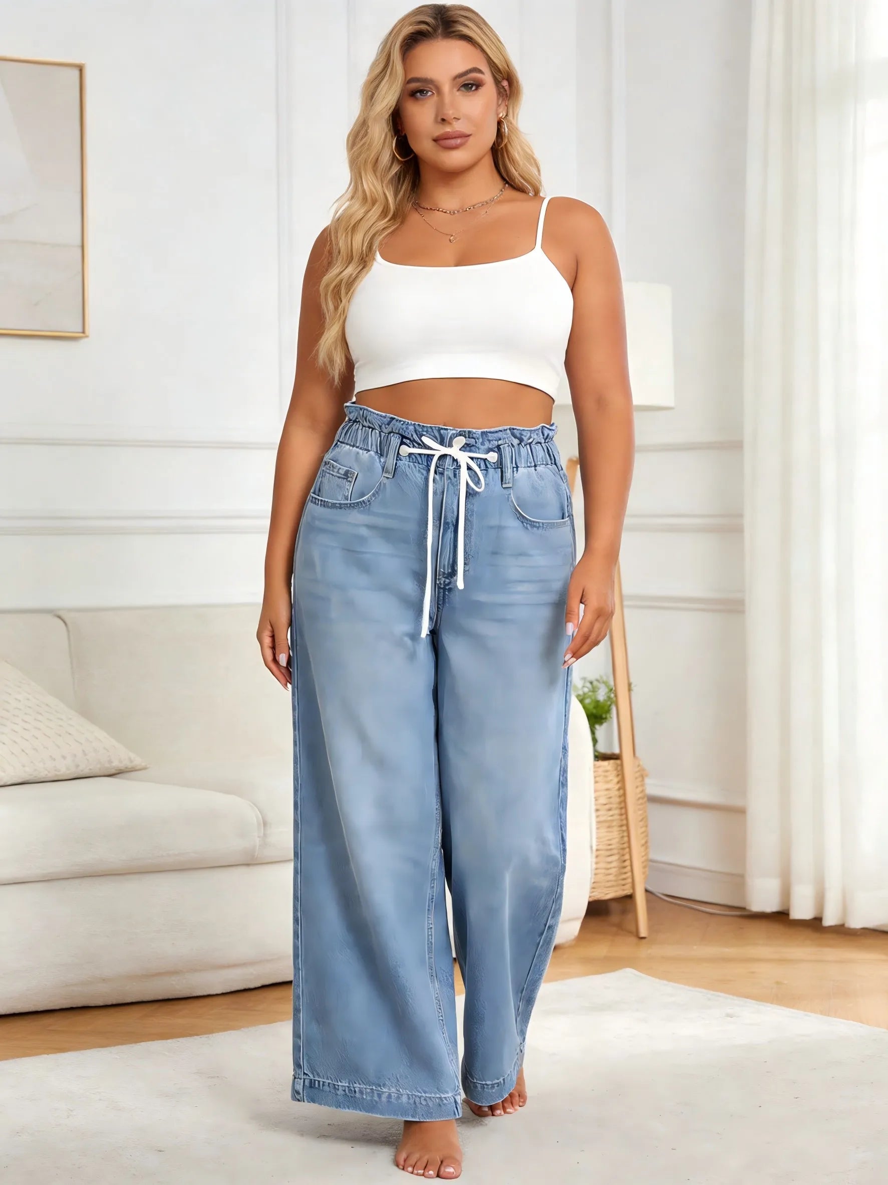 2026 Plus Size Drawstring Ruffle Elastic Waist Wide Leg Jeans Women Light Wash Loose Stretch Denim Pants