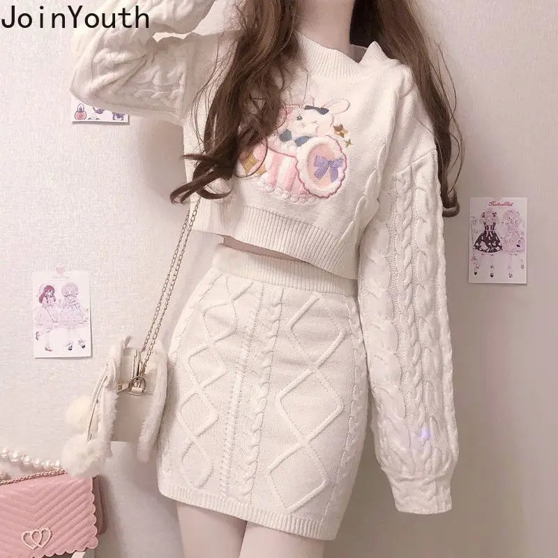 Joinyouth Japanese Fashion Suit Two Piece Set Women Ribbed Cropped Pullovers Bodycon Mini Skirt Ropa Mujer Knitted 2 Piece Set