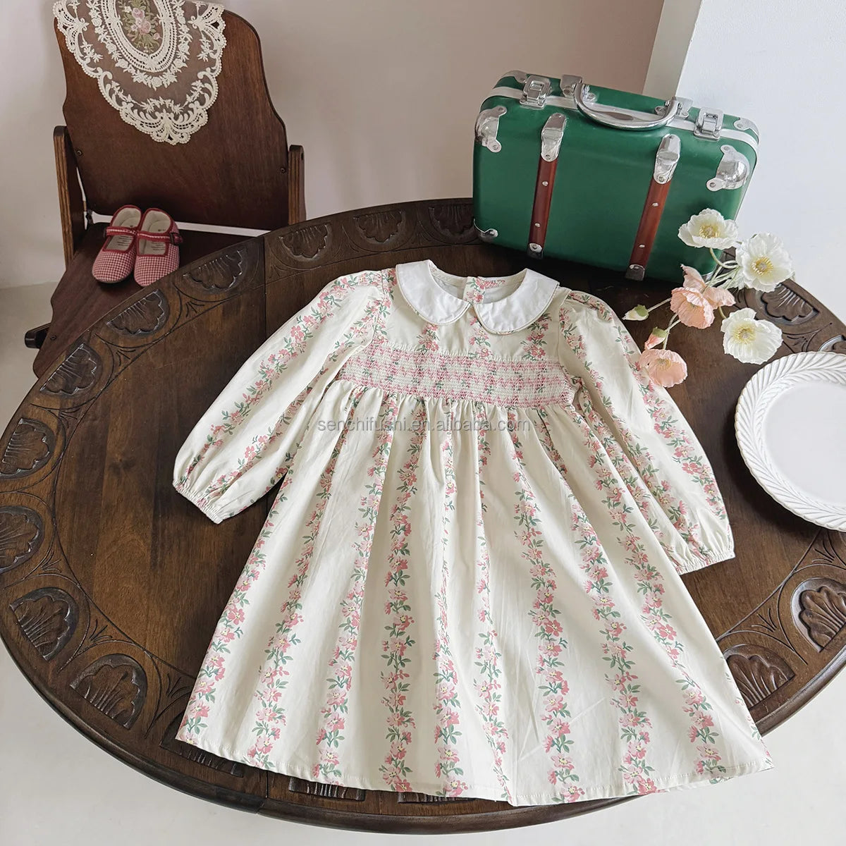 D338 Children's Clothing French Printing to Win Girl Dress Autumn Doll Collar Sweet Long Sleeve Princess Skirt 100% Cotton