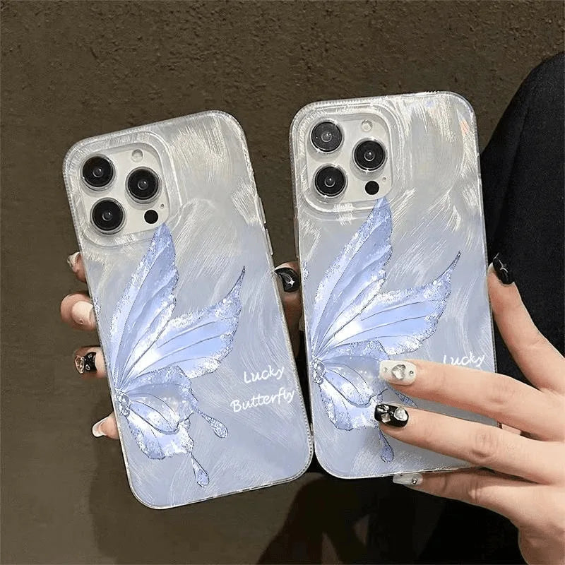 Gradient Silver Wings Butterfly TPU Compatible for 16 Phone Case for 17 Pro Max Feather Yarn Transparent Shockproof