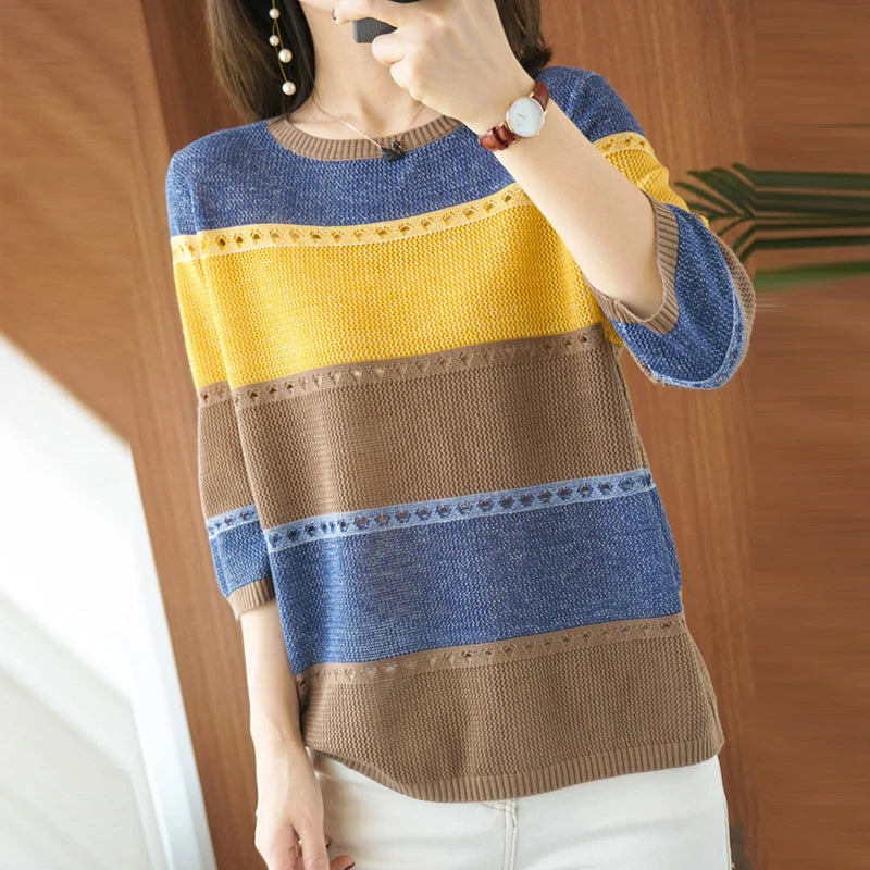 Summer Women knitted Short sleeve 2026 Thin Sweater Female Hollow Out Turtleneck Pullover Ladies knit Cotton Loose Jumpers