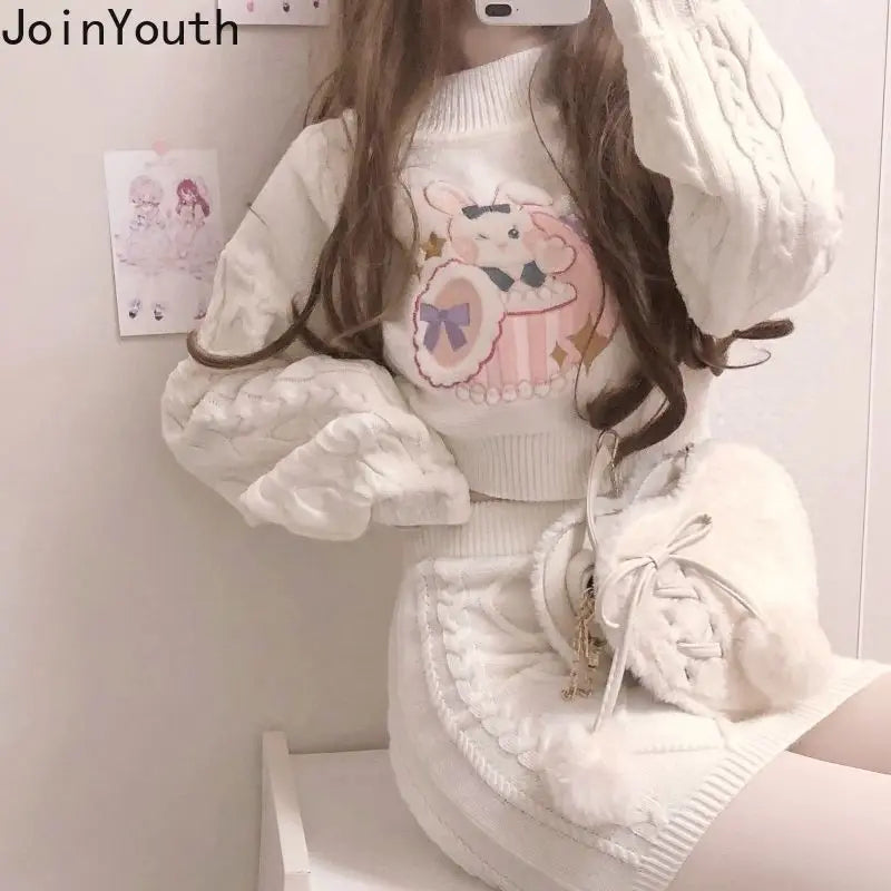 Joinyouth Japanese Fashion Suit Two Piece Set Women Ribbed Cropped Pullovers Bodycon Mini Skirt Ropa Mujer Knitted 2 Piece Set