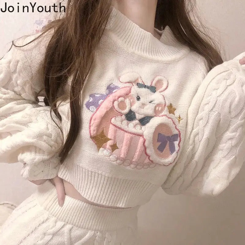 Joinyouth Japanese Fashion Suit Two Piece Set Women Ribbed Cropped Pullovers Bodycon Mini Skirt Ropa Mujer Knitted 2 Piece Set