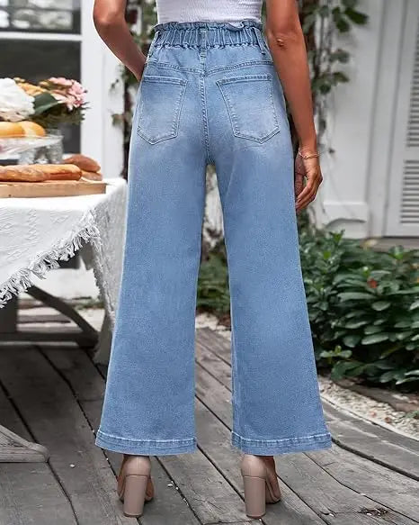 2026 Plus Size Drawstring Ruffle Elastic Waist Wide Leg Jeans Women Light Wash Loose Stretch Denim Pants
