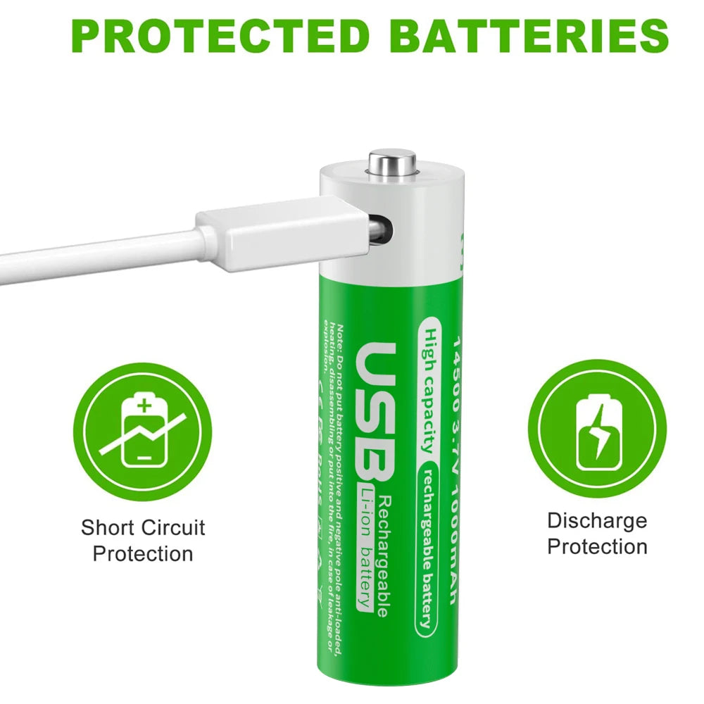 PUJIMAX Hot Selling 14500 3.7v USB Li-ion Battery 3700mwh Rechargeable Lithium Ion Cell Battery for Flashlights, Headlamps
