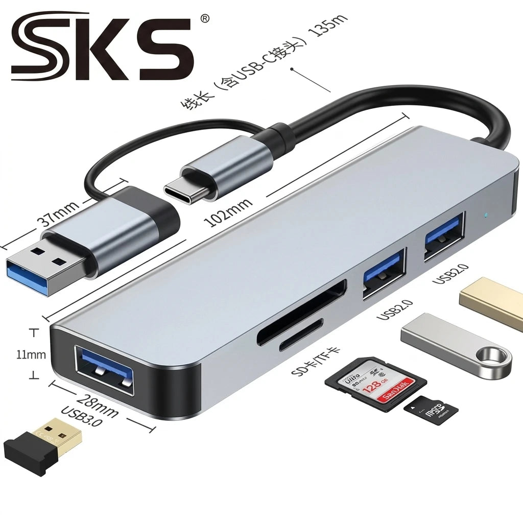 7 in 1 USB 3.0 Hub Dual Input USB Type C Splitter Multi Port USB Adapter With PD Charging for Laptop PC Phone